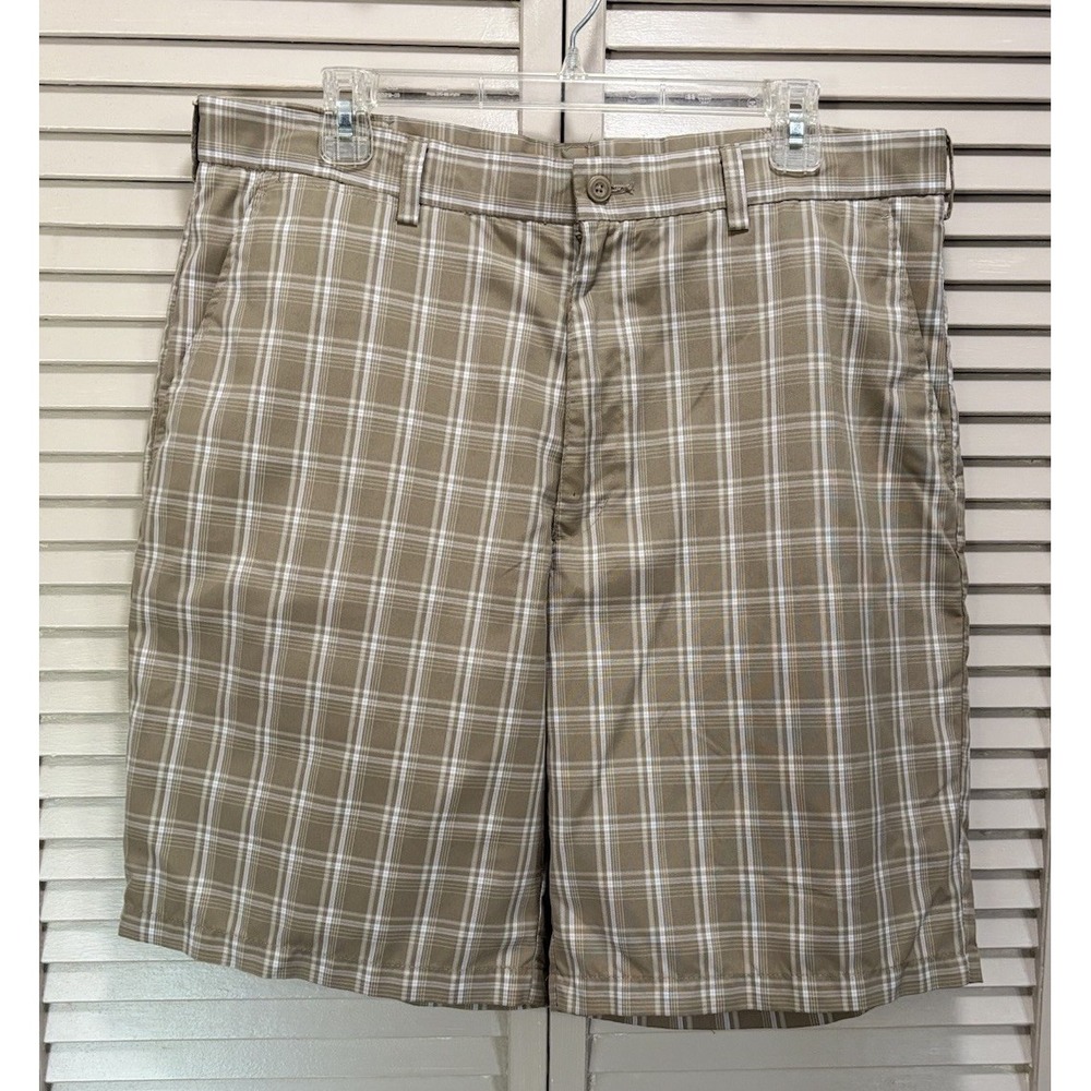 PGA Tour Flat Front Chino Golf Shorts Tan/White Plaid Size 36 Zip High Rise